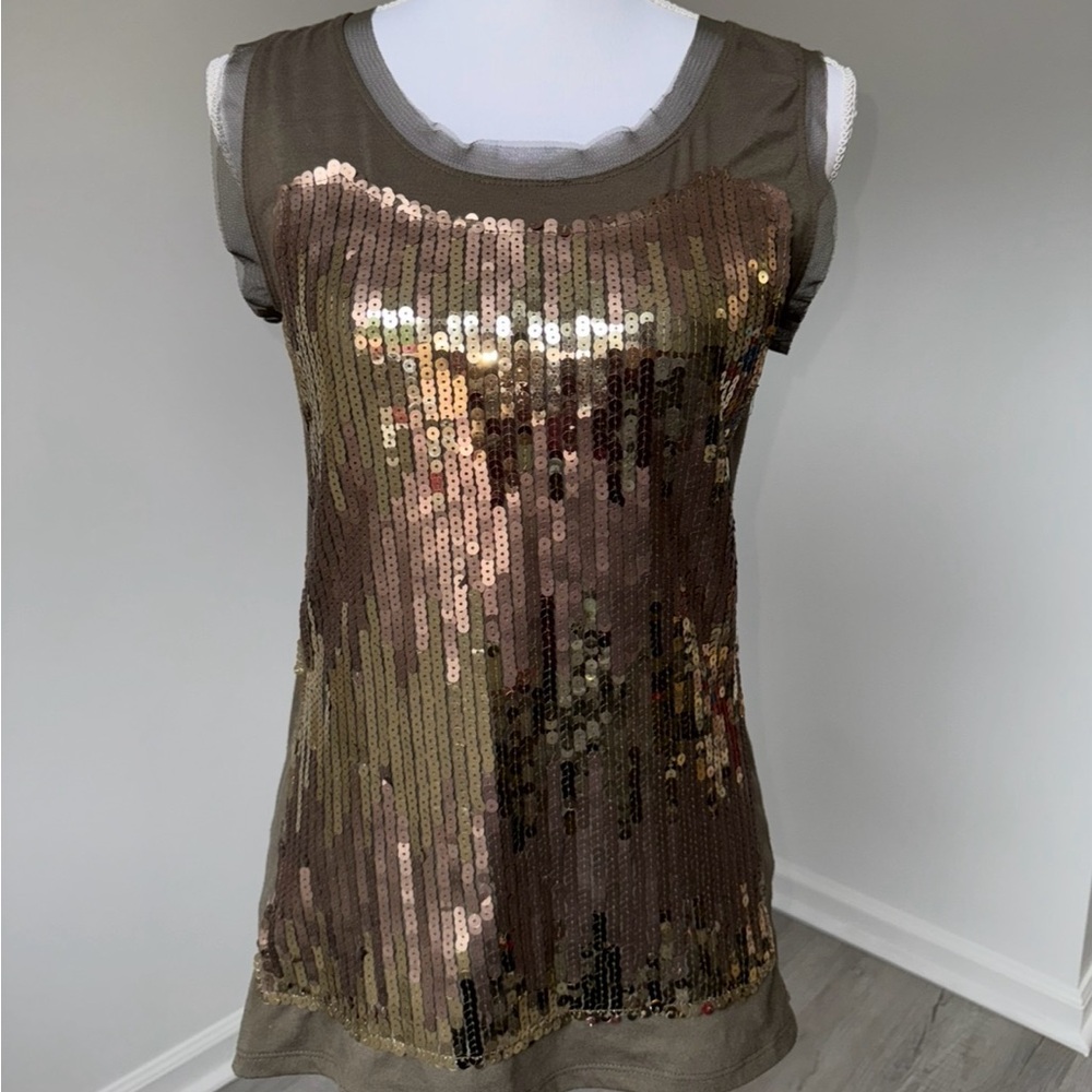 Studio Y Olive Mesh Sequin Tank Top Small Y2K Glam Shiny Club Diva 2000s